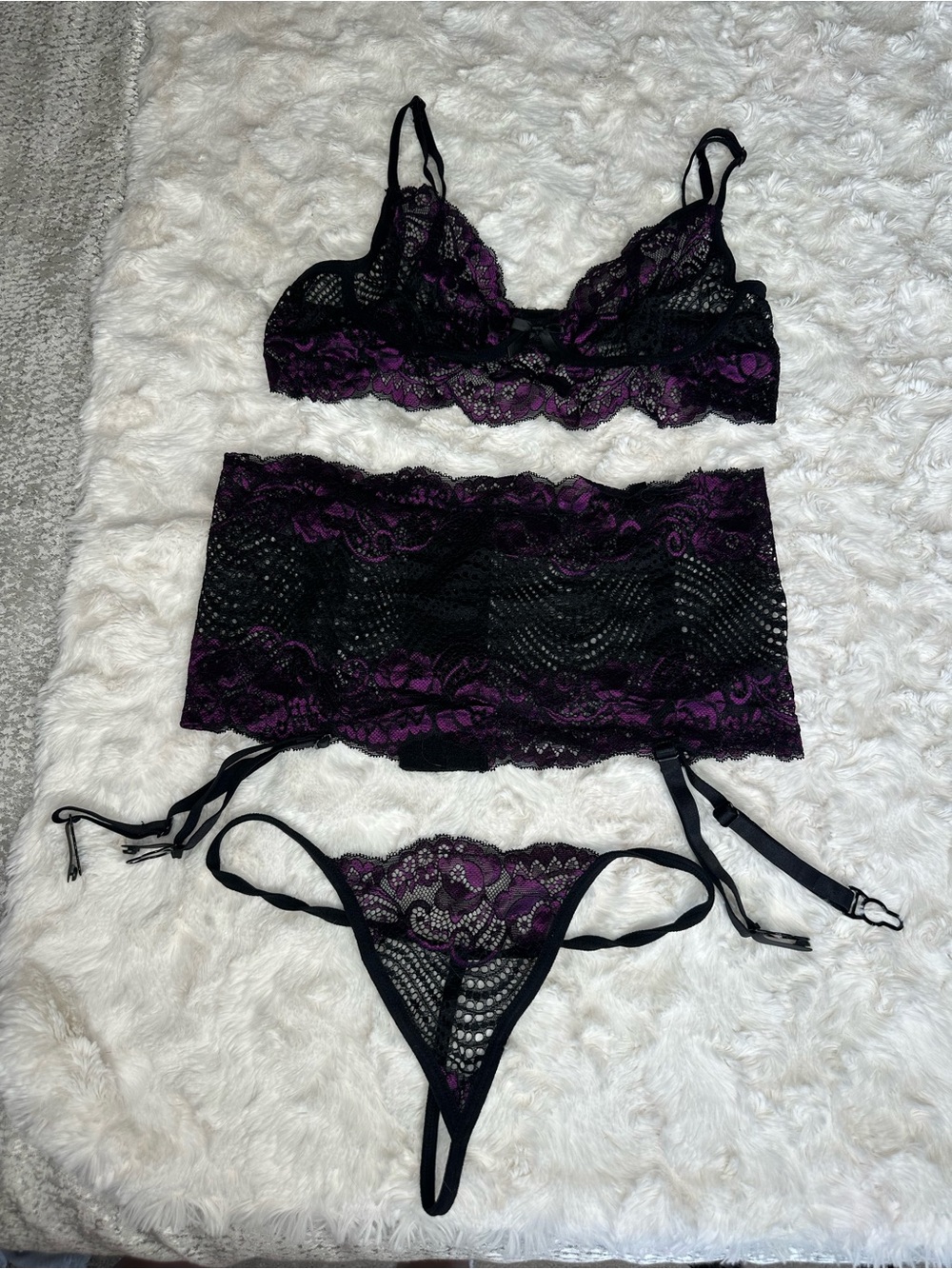 Lace Bralette & Garter Set - Black and Plum